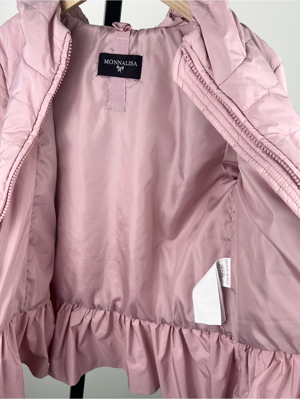 Monnalisa Girls Lightweight Hooded Ruffled Puffer Jacket, Pink, 8Y - Picture 9 of 10